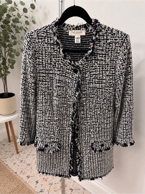 St. John Black and White Tweed Fringe-Trim Jacket